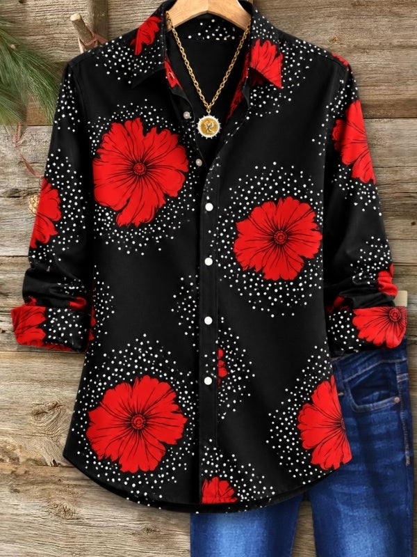 Red Floral Print Button Down Tunic Shirt
