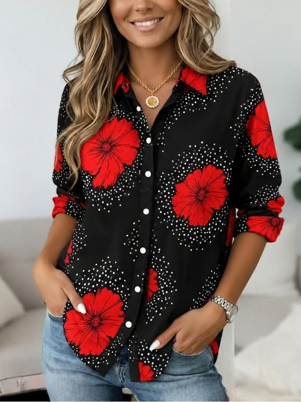 Red Floral Print Button Down Tunic Shirt