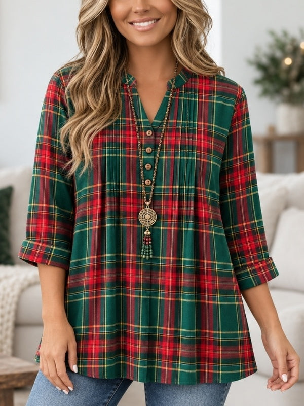 Plaid Print Henley Babydoll Tunic