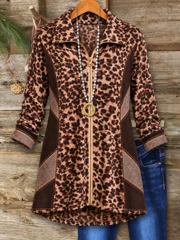 Leopard Print Patchwork Zip Up Tunic