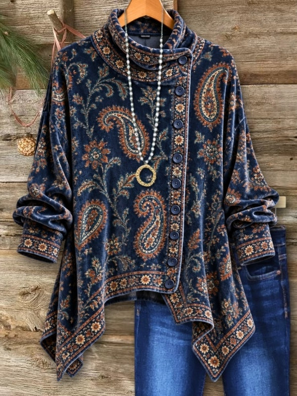 Paisley Print Cowl Neck Asymmetrical Tunic