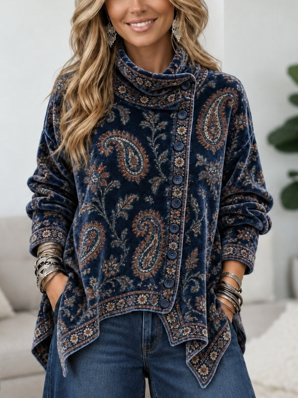 Paisley Print Cowl Neck Asymmetrical Tunic