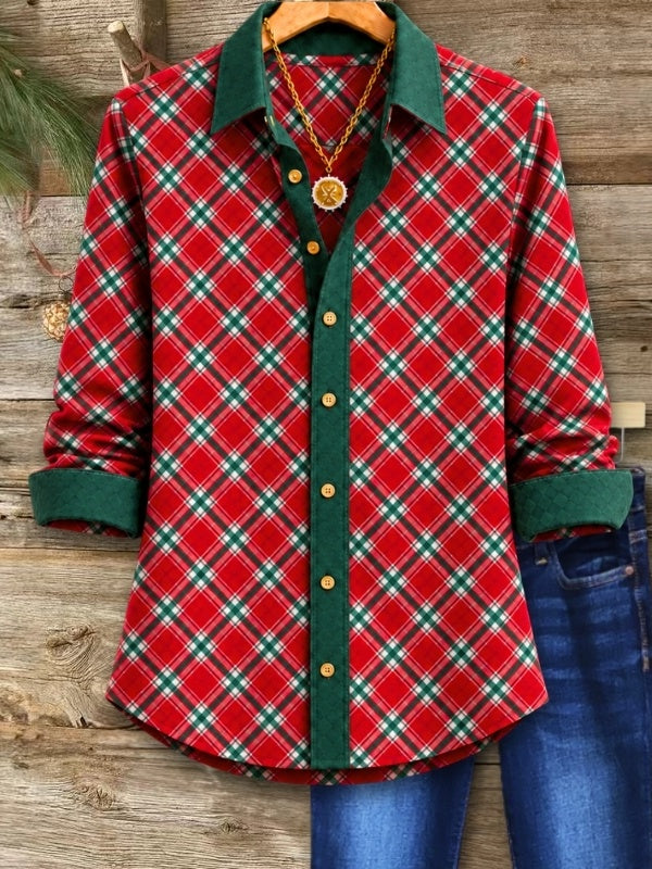 Christmas Plaid Contrast Collar Shirt