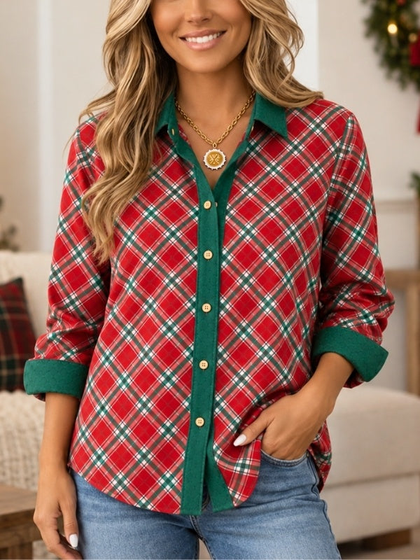 Christmas Plaid Contrast Collar Shirt