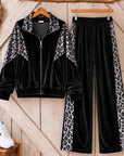 Leopard Patchwork Velvet Zip Up Tracksuit