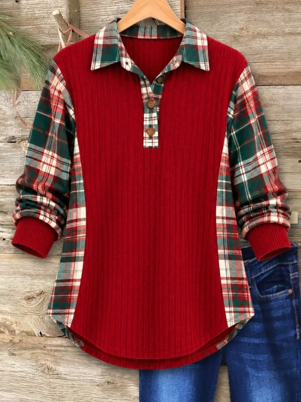 Plaid Patchwork Ribbed Henley Tunic