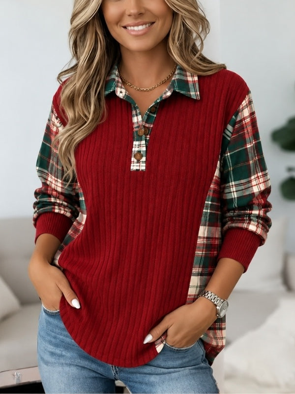 Plaid Patchwork Ribbed Henley Tunic