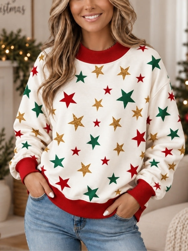 Christmas Star Print Mock Neck Sweatshirt