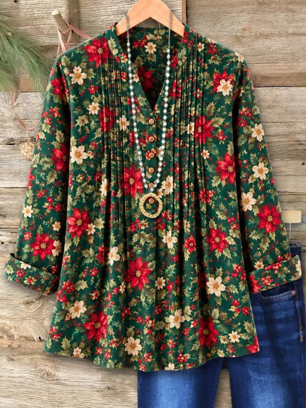 Christmas Floral Pleated Babydoll Top