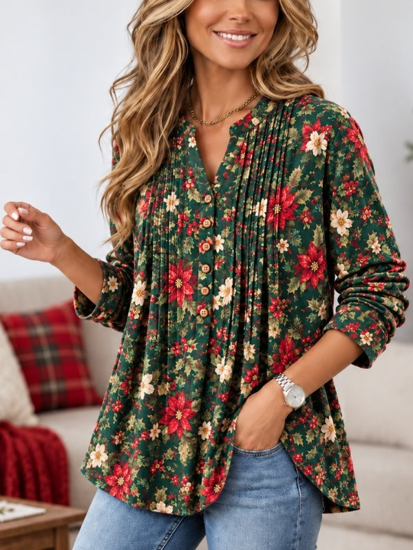 Christmas Floral Pleated Babydoll Top