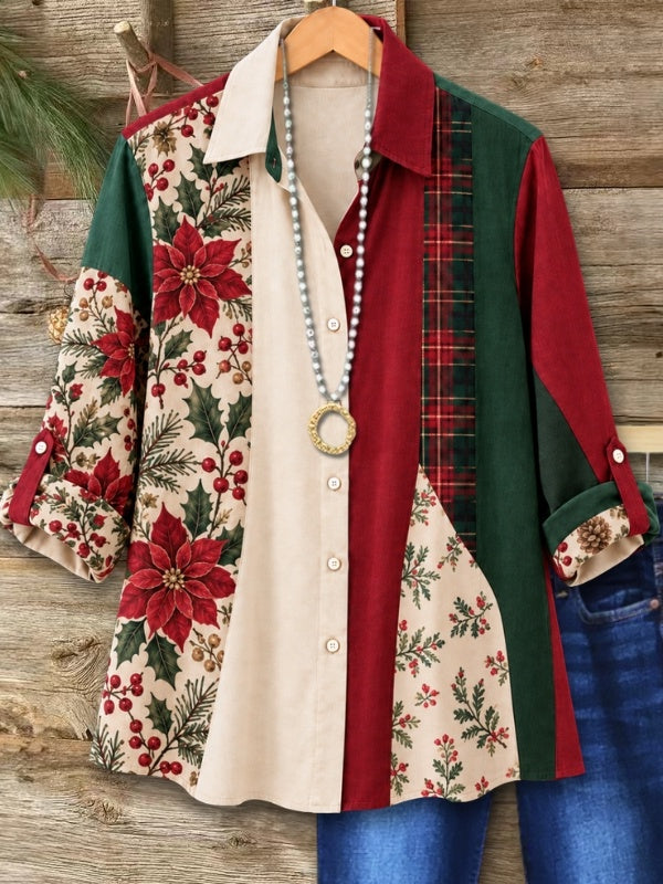 Christmas Floral Patchwork Button Down Shirt