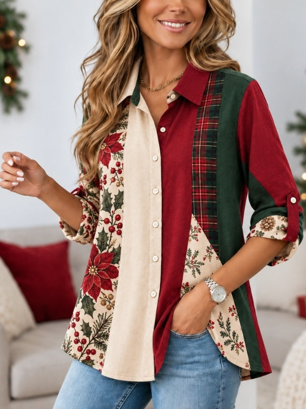 Christmas Floral Patchwork Button Down Shirt