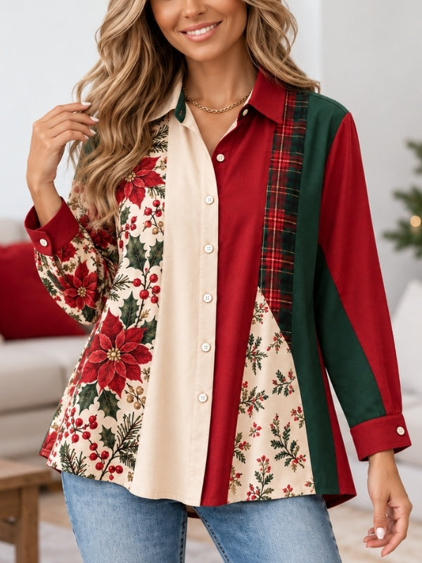 Christmas Floral Patchwork Button Down Shirt