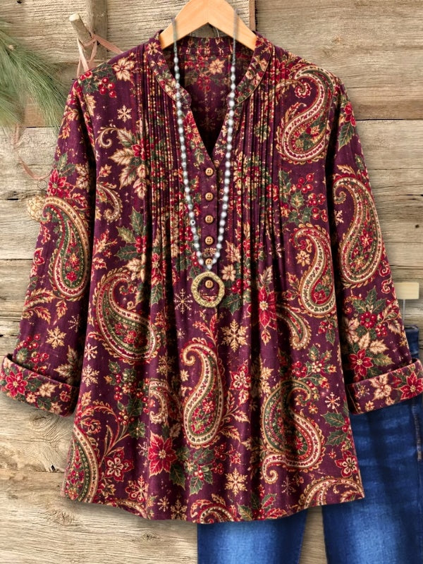 Christmas Paisley Print Pleated Babydoll Top