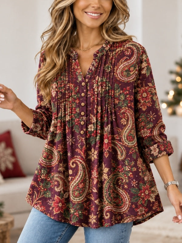 Christmas Paisley Print Pleated Babydoll Top