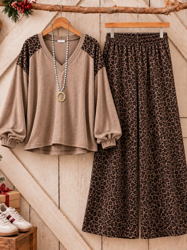 Leopard Patchwork V Neck Two Piece Set