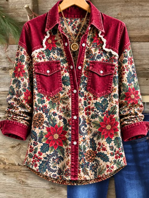 Floral Print Denim Patchwork Shirt