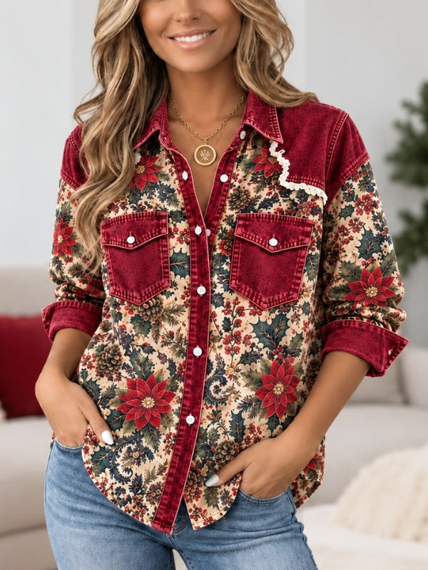Floral Print Denim Patchwork Shirt