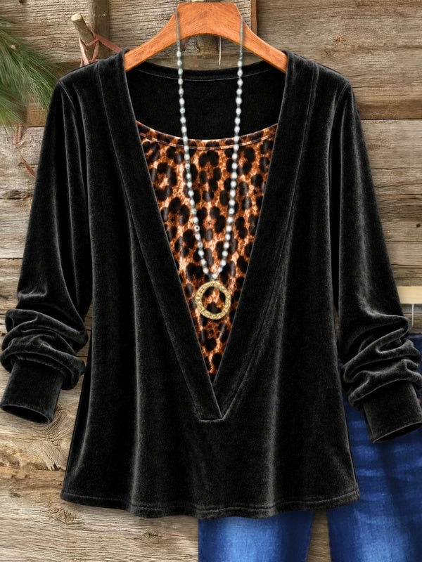 Leopard Print Insert V Neck Velvet Tunic