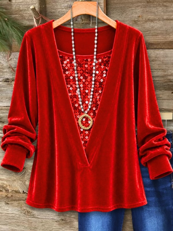 Sequin Insert V Neck Velvet Tunic Top