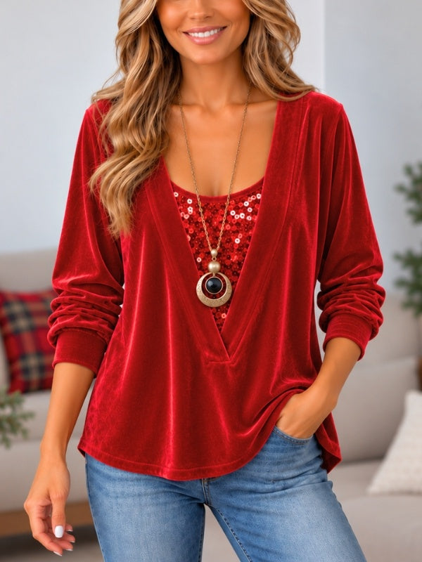Sequin Insert V Neck Velvet Tunic Top