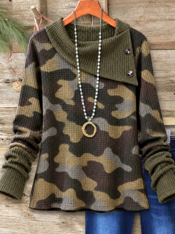 Camo Button Cowl Neck Waffle Tunic