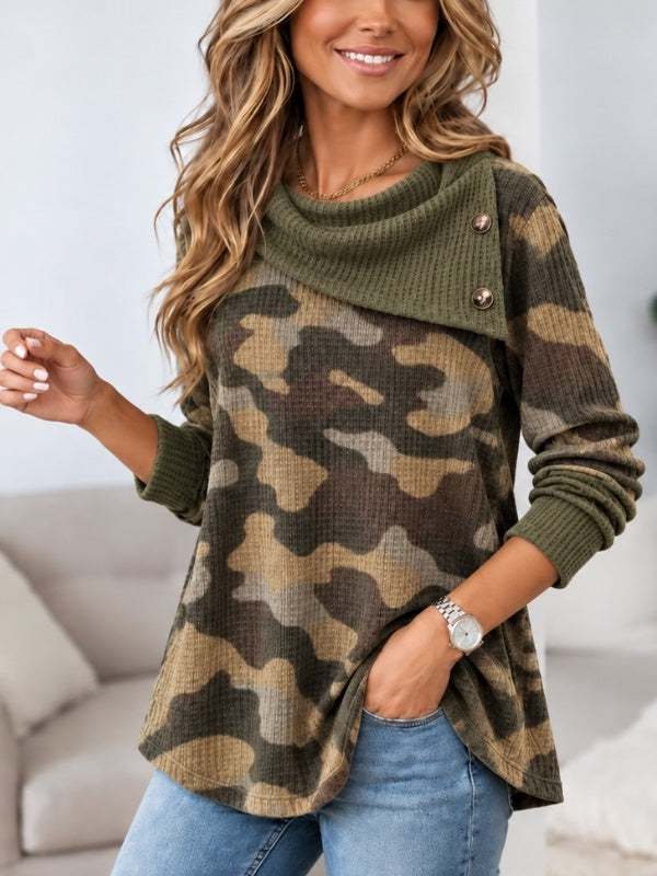 Camo Button Cowl Neck Waffle Tunic