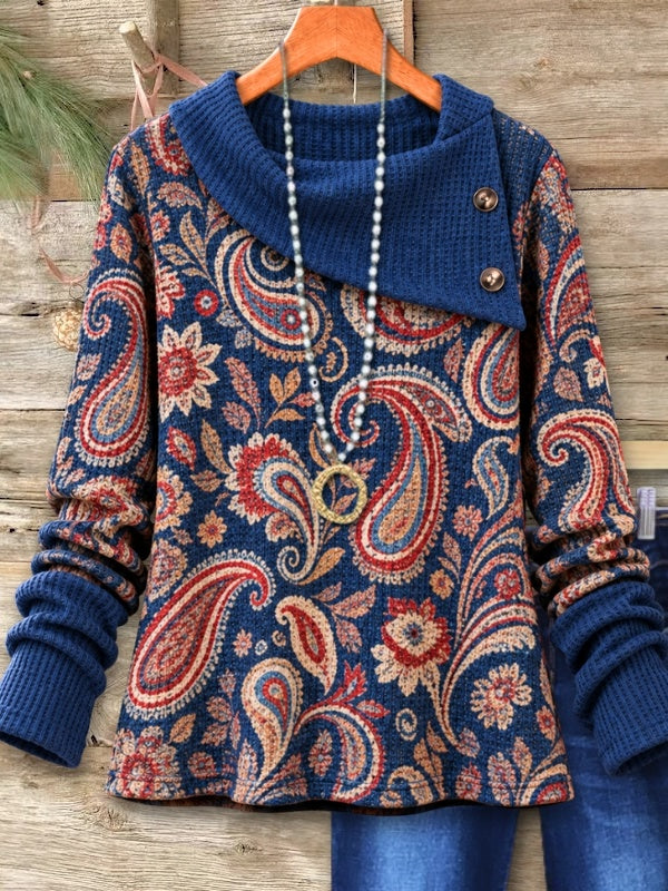 Paisley Button Cowl Neck Waffle Tunic