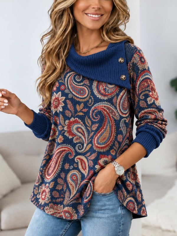 Paisley Button Cowl Neck Waffle Tunic