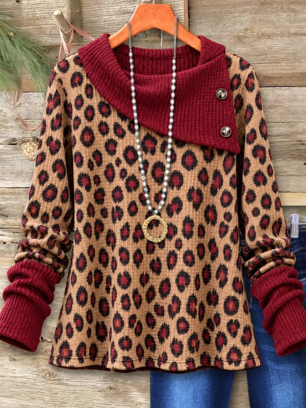 Leopard Button Cowl Neck Waffle Tunic