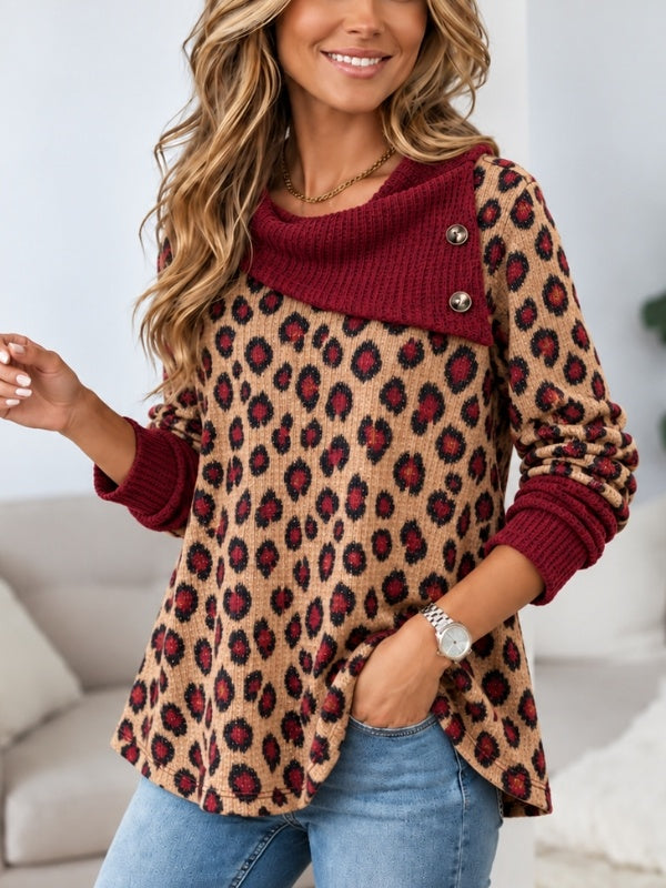 Leopard Button Cowl Neck Waffle Tunic