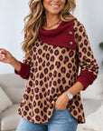 Leopard Button Cowl Neck Waffle Tunic