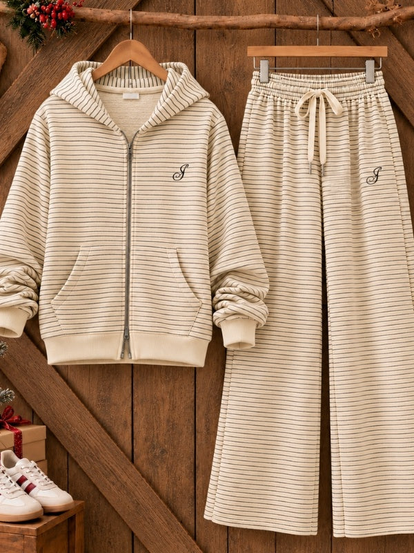 Striped Embroidery Zip Hoodie Pants Set