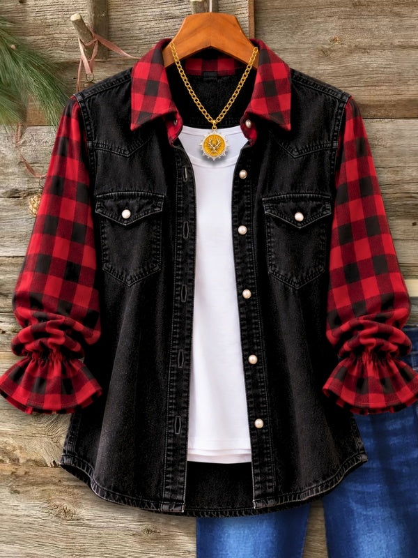 Buffalo Plaid Patchwork Ruffle Sleeve Shirt