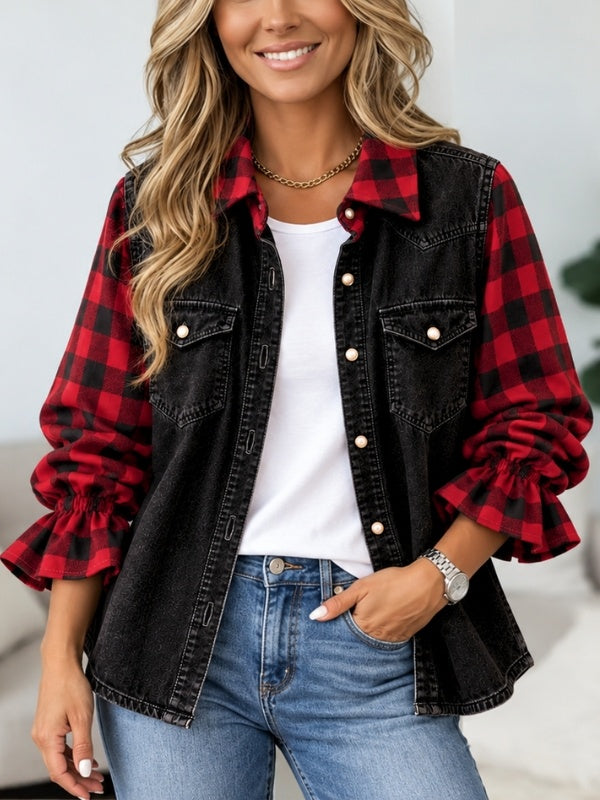 Buffalo Plaid Patchwork Ruffle Sleeve Shirt