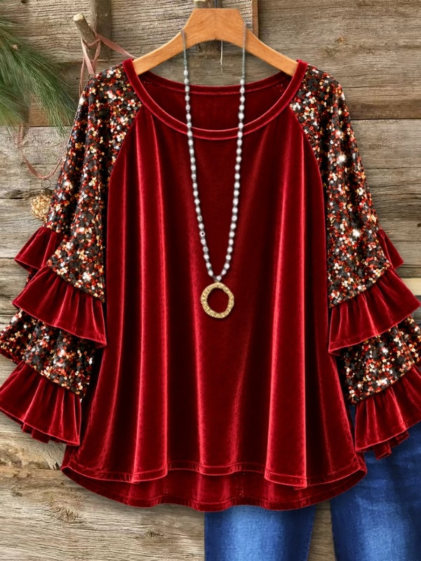 Sequin Patchwork Velvet Ruffle Sleeve Top