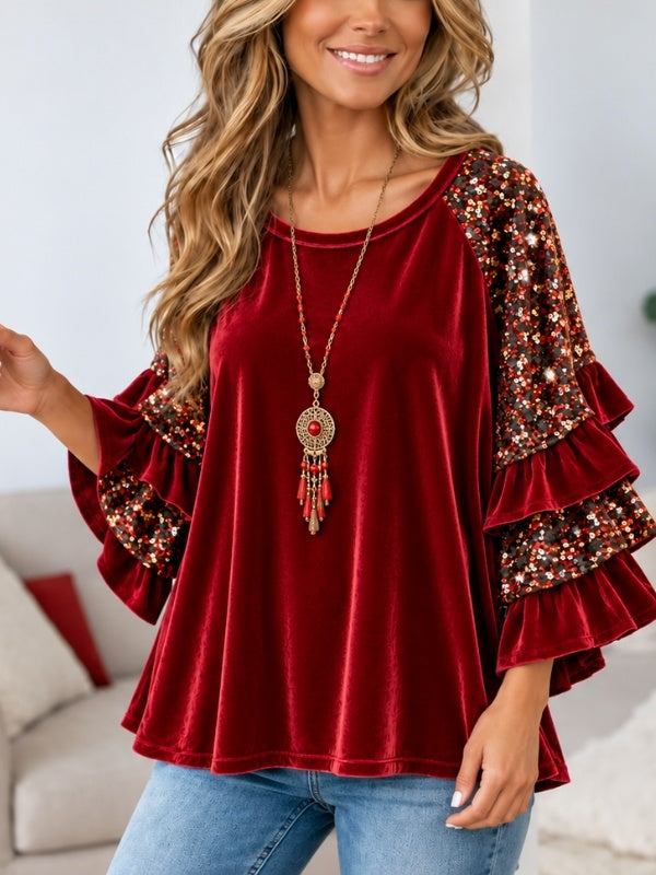 Sequin Patchwork Velvet Ruffle Sleeve Top