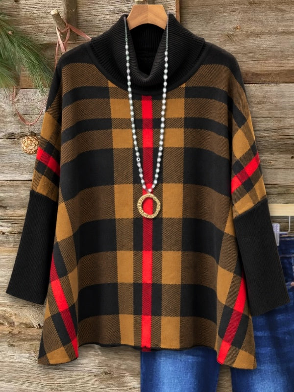 Plaid Cowl Neck Ribbed Sleeve Sweatshirt