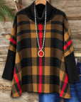 Plaid Cowl Neck Ribbed Sleeve Sweatshirt