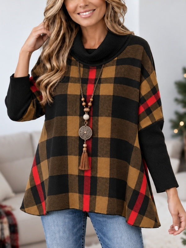 Plaid Cowl Neck Ribbed Sleeve Sweatshirt
