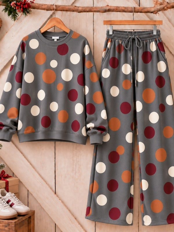 Fleece-Lined Polka Dot Sweatshirt &amp; Wide Leg Pants Set