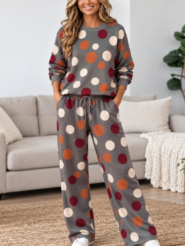 Fleece-Lined Polka Dot Sweatshirt &amp; Wide Leg Pants Set