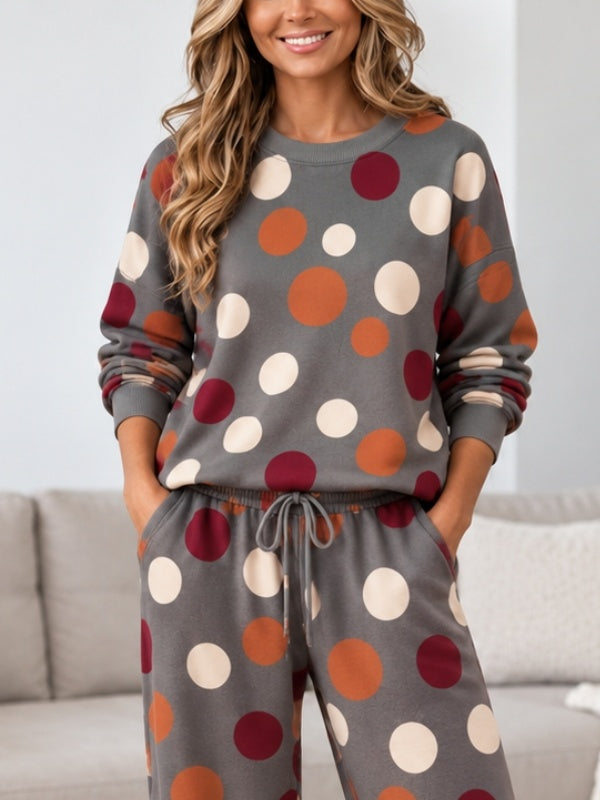 Fleece-Lined Polka Dot Sweatshirt &amp; Wide Leg Pants Set