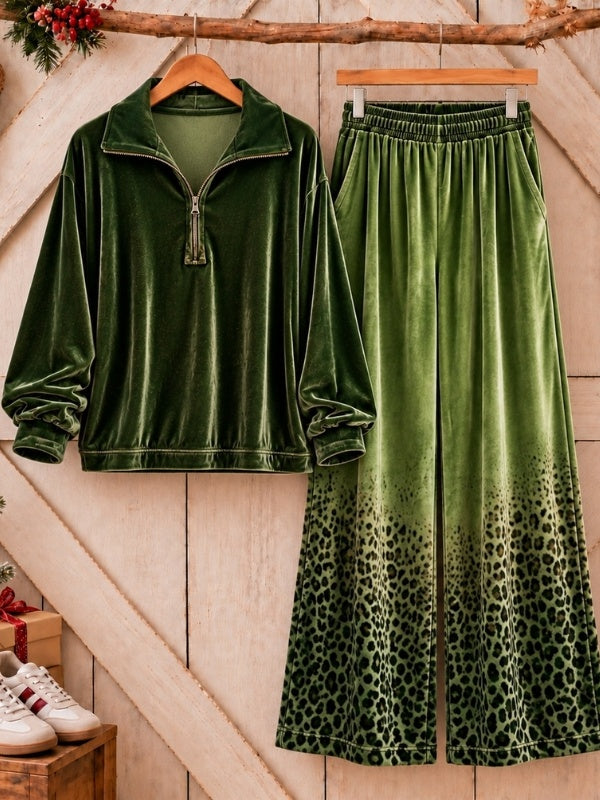 Leopard Print Velvet Quarter Zip Top &amp; Wide Leg Pants Set