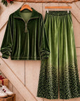 Leopard Print Velvet Quarter Zip Top & Wide Leg Pants Set