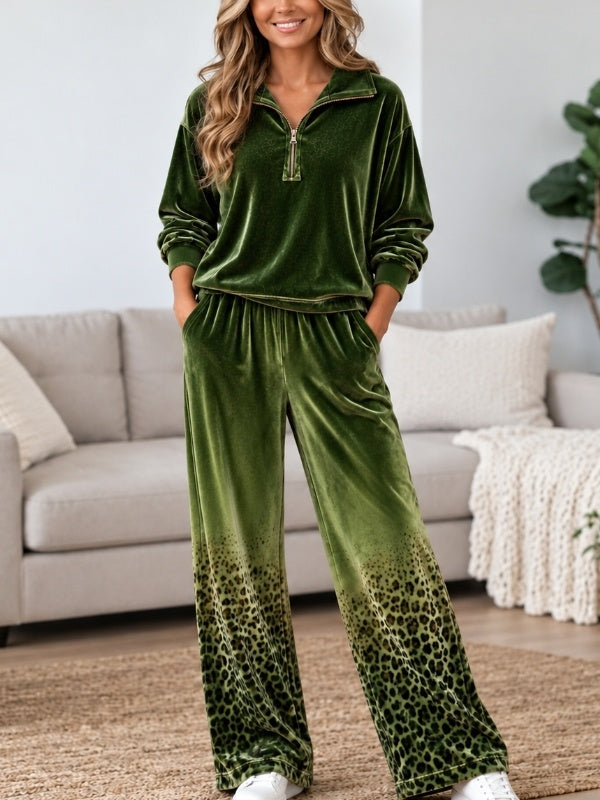 Leopard Print Velvet Quarter Zip Top &amp; Wide Leg Pants Set