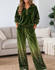 Leopard Print Velvet Quarter Zip Top & Wide Leg Pants Set