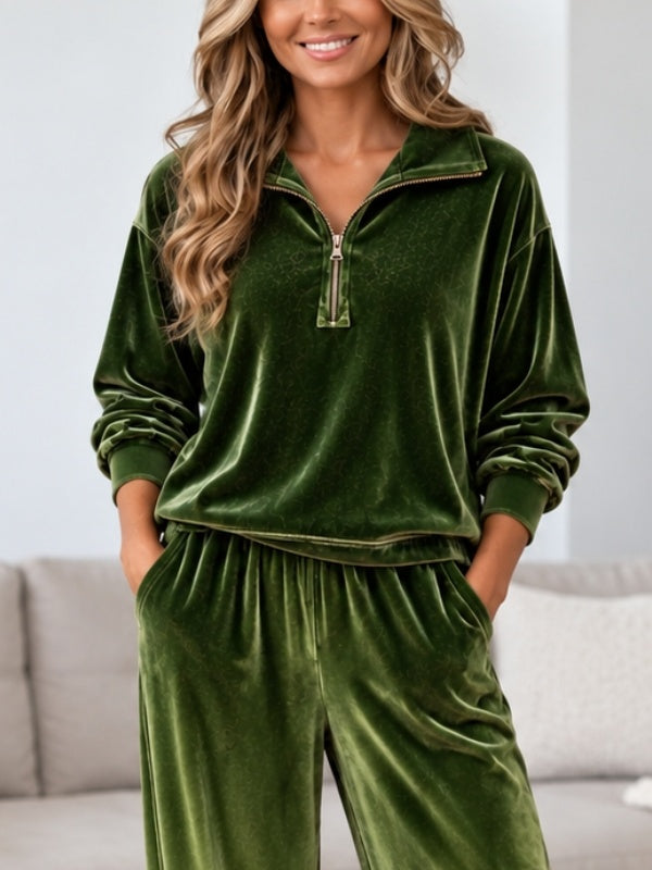 Leopard Print Velvet Quarter Zip Top &amp; Wide Leg Pants Set