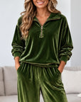 Leopard Print Velvet Quarter Zip Top & Wide Leg Pants Set