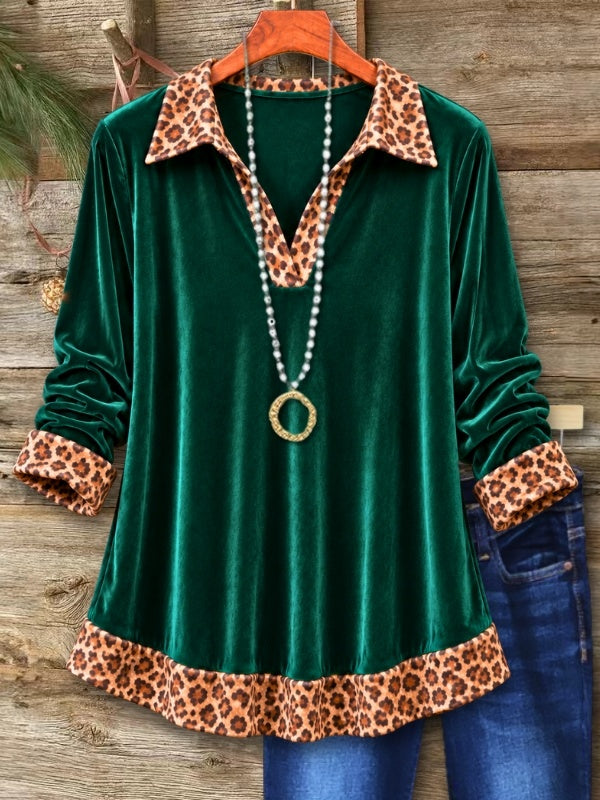 Leopard Trim Velvet V-Neck Tunic